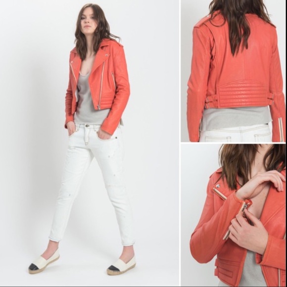 IRO Zefir Leather Biker Moto Jacket 38 Red Orange Coral - Picture 4 of 8